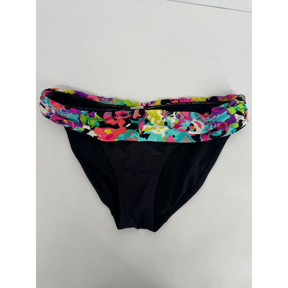 Kenneth Cole Reaction Women Black Multi Floral Neon Fold Over Bikini Bottom Sz S